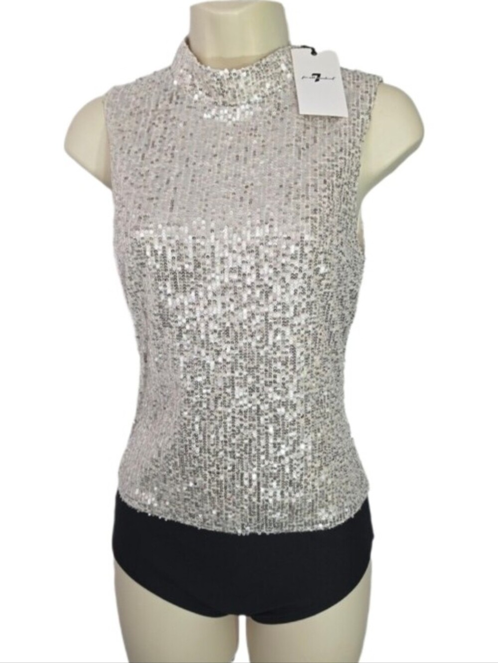 7 for all mankind Sleeveless Sequin Tank Style Mock Neck Bodysuit Silver Size M - Picture 8 of 17